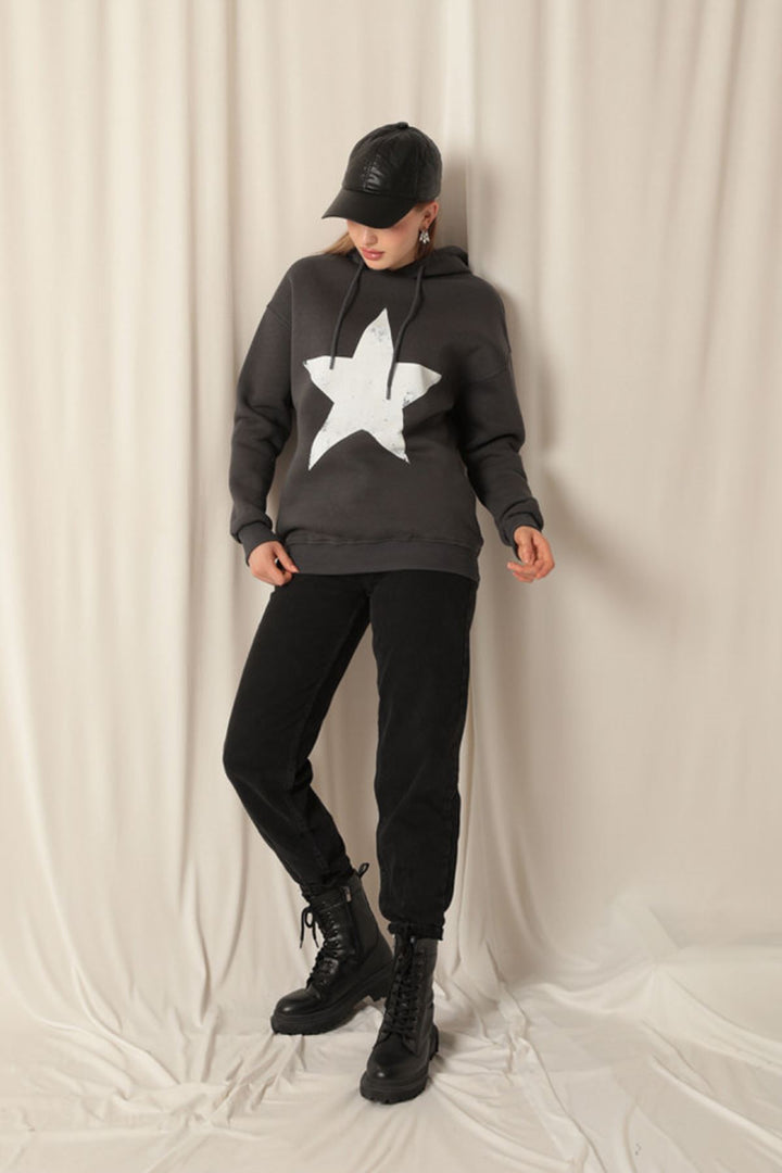 KKT Three Thread Star Printed Hooded Women's Anthracite Sweat - Oakland Park