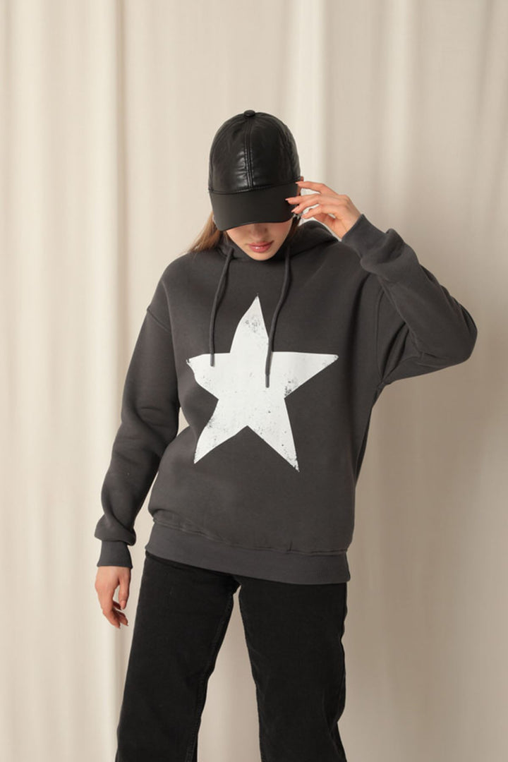 KKT Three Thread Star Printed Hooded Women's Anthracite Sweat - Oakland Park