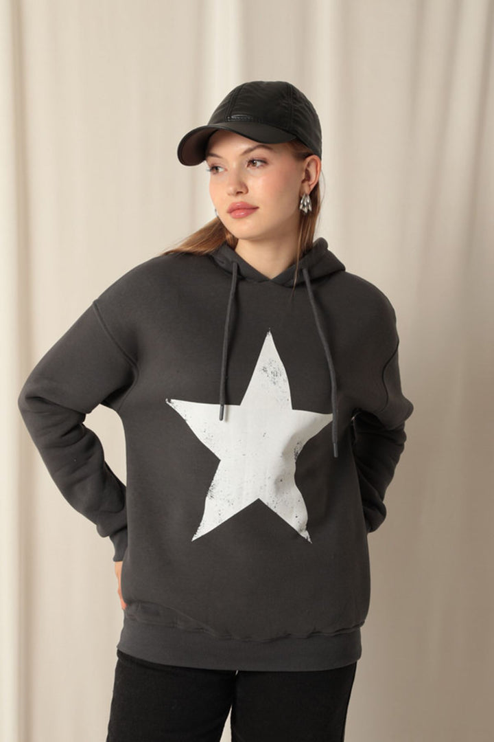 KKT Three Thread Star Printed Hooded Women's Anthracite Sweat - Oakland Park