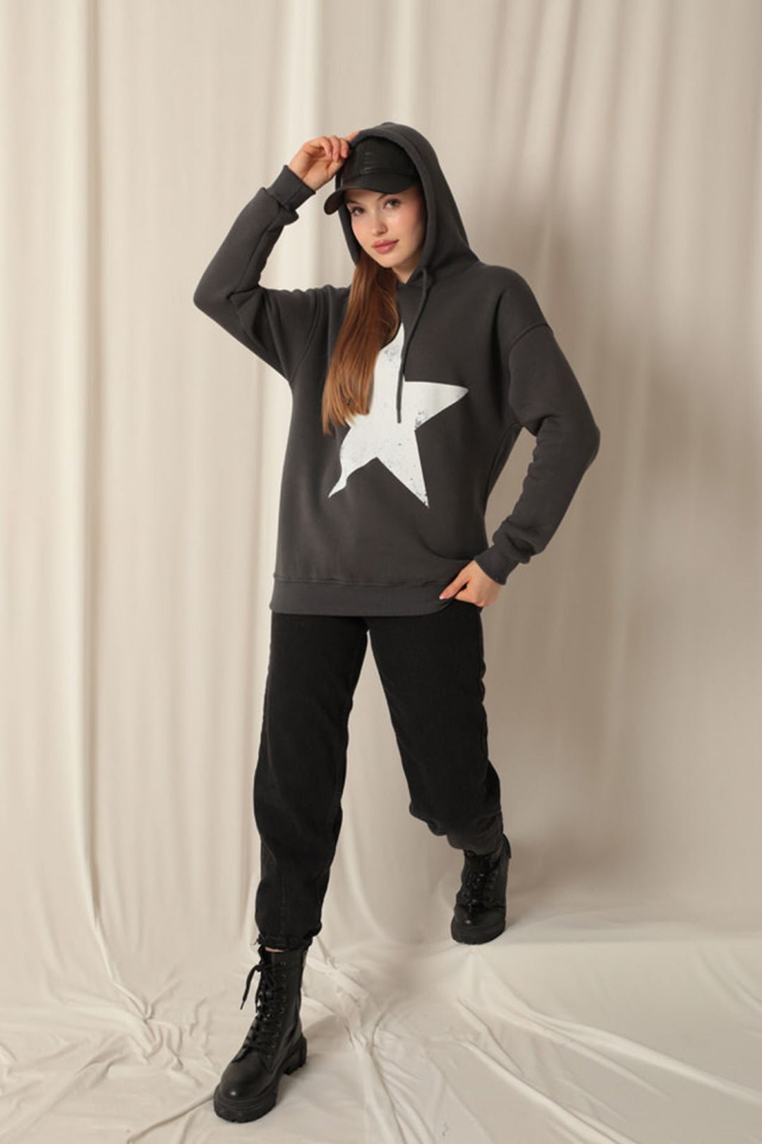 KKT Three Thread Star Printed Hooded Women's Anthracite Sweat - Oakland Park
