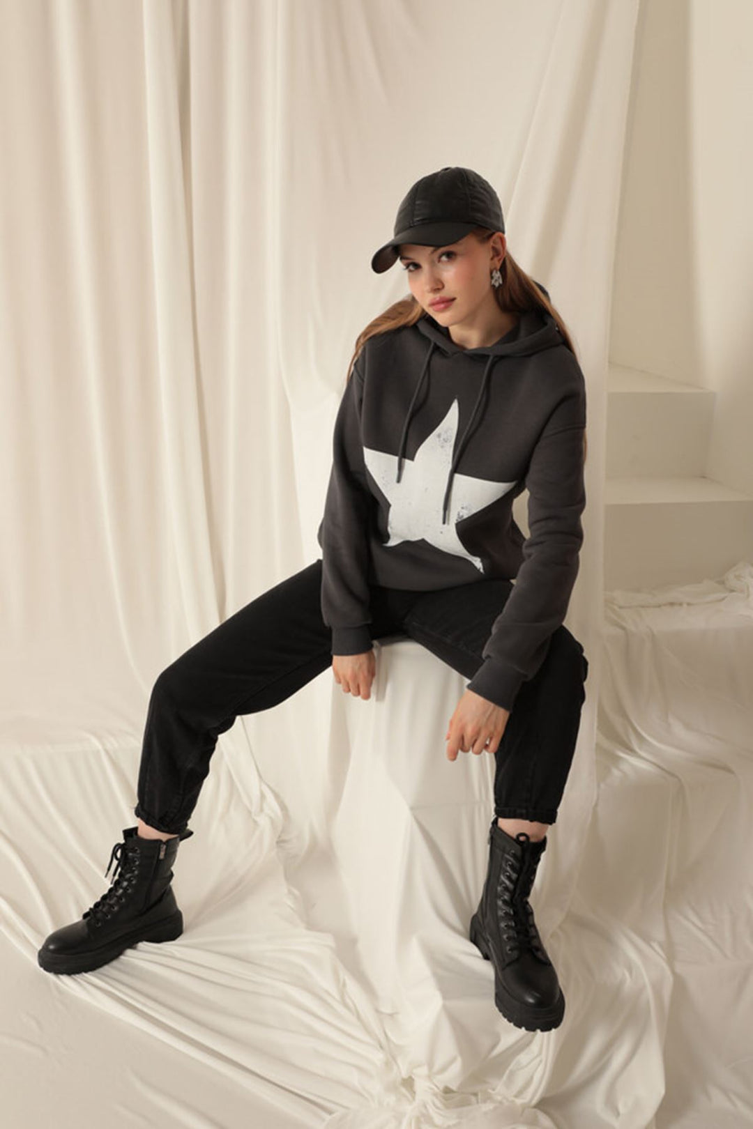 KKT Three Thread Star Printed Hooded Women's Anthracite Sweat - Oakland Park
