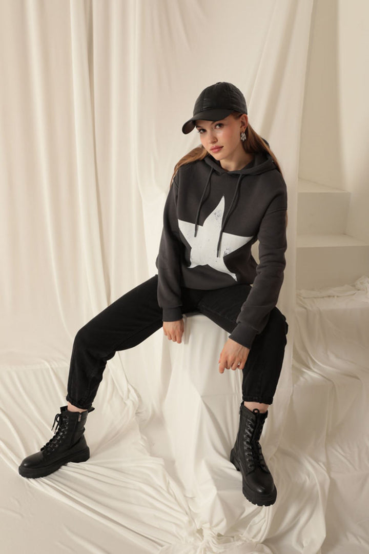 KKT Three Thread Star Printed Hooded Women's Anthracite Sweat - Oakland Park
