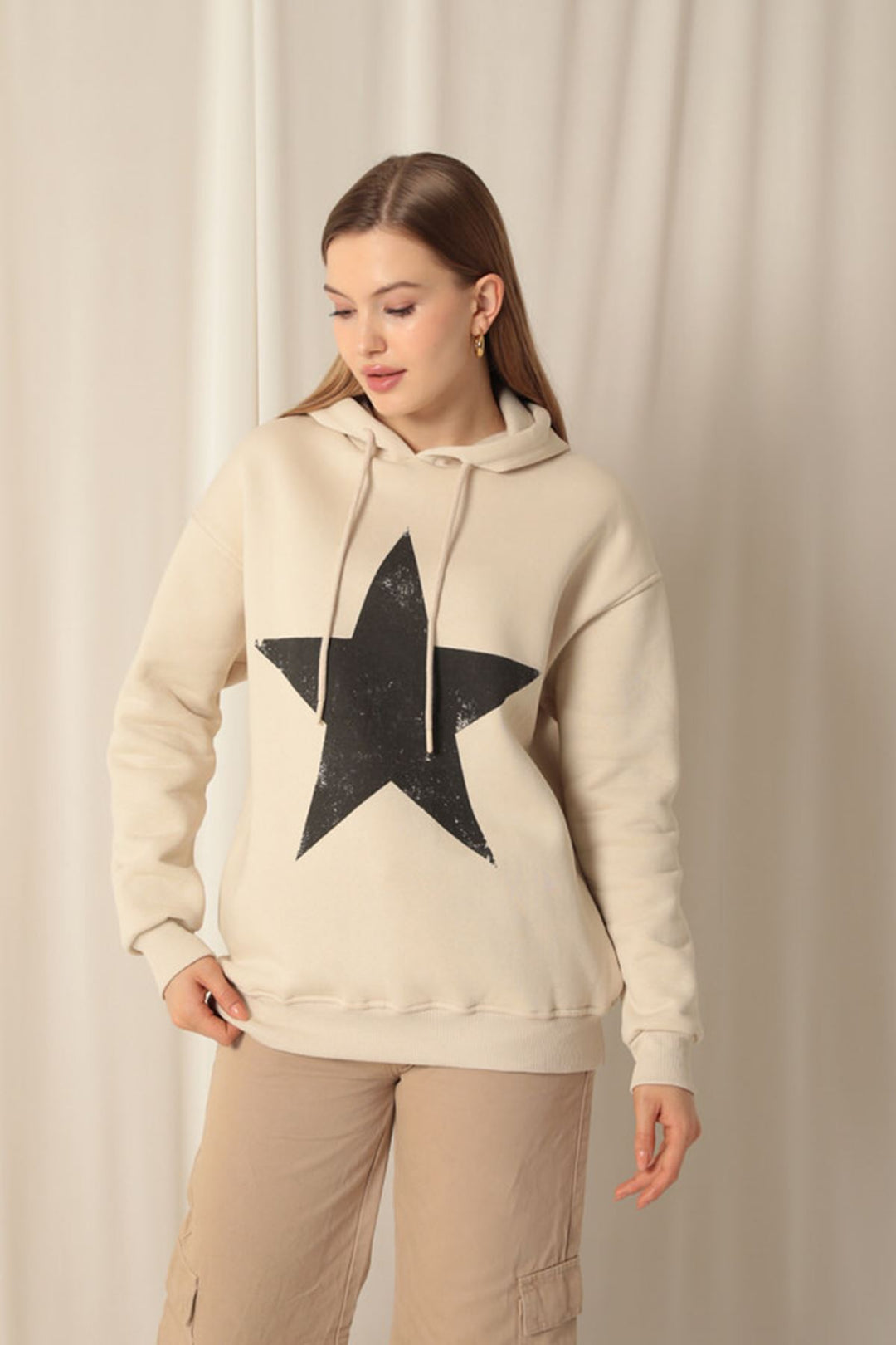 KKT Three Thread Star Printed Hooded Women's Beige Sweat - Peristéri
