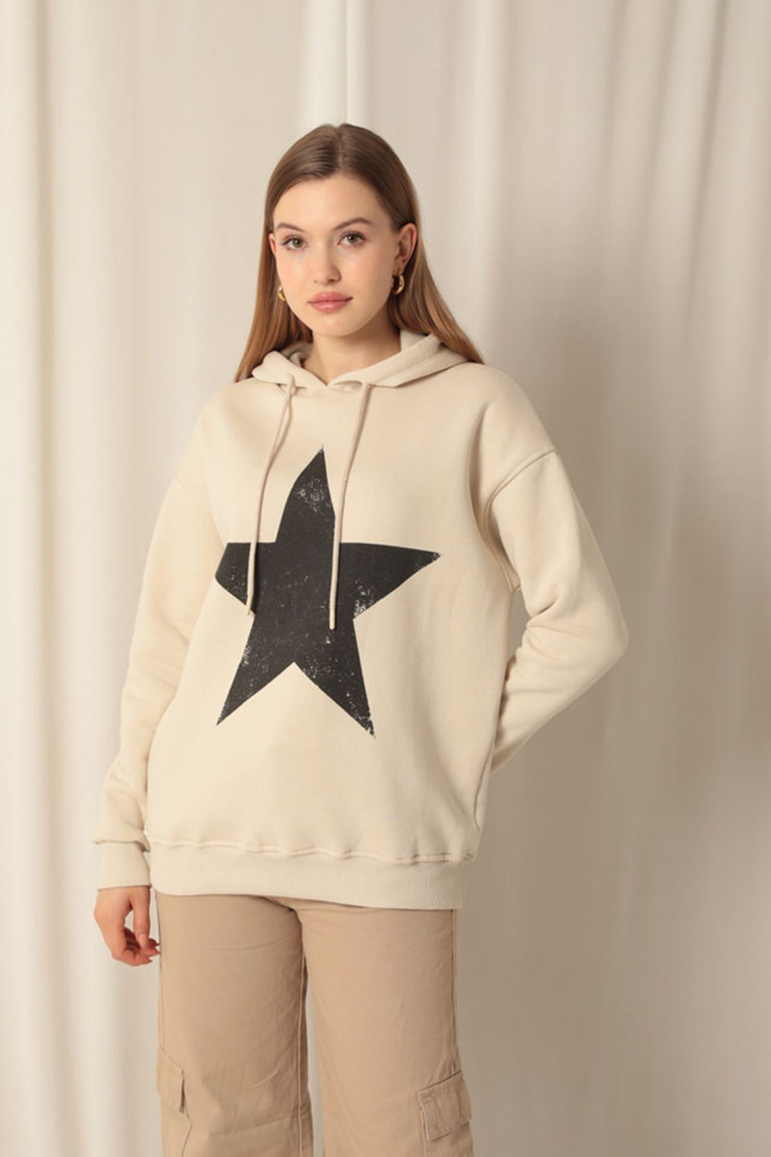 KKT Three Thread Star Printed Hooded Women's Beige Sweat - Peristéri