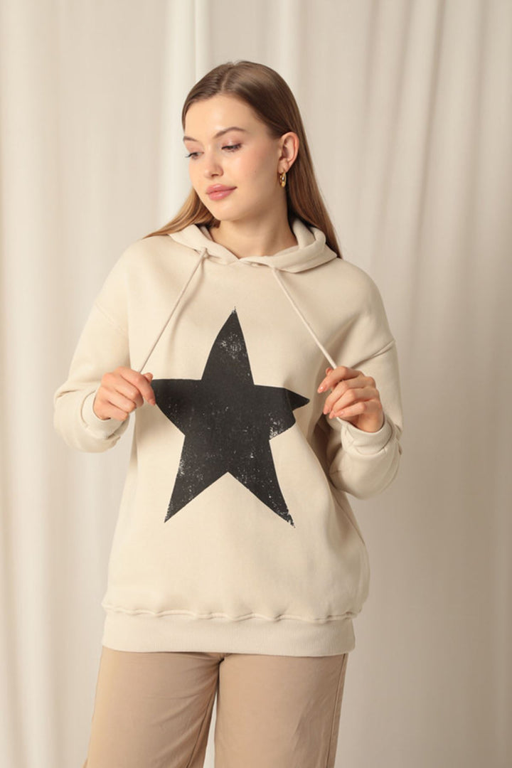 KKT Three Thread Star Printed Hooded Women's Beige Sweat - Peristéri