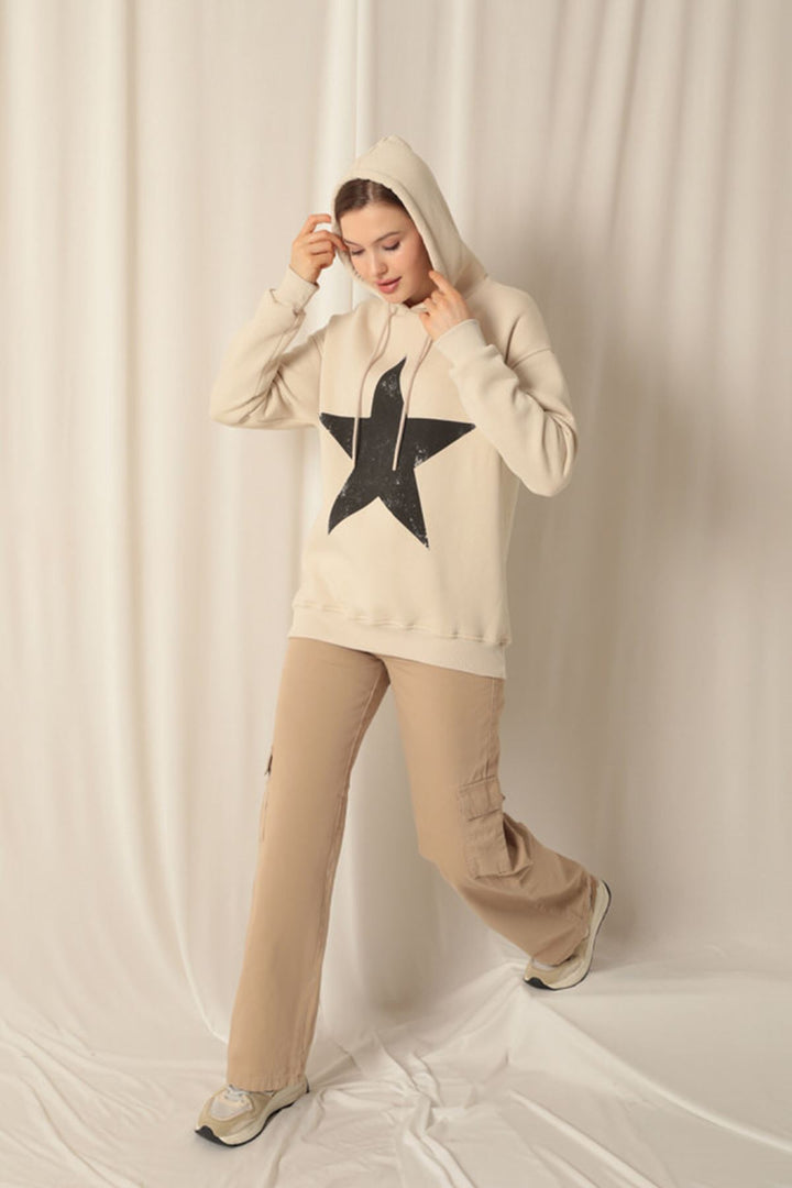 KKT Three Thread Star Printed Hooded Women's Beige Sweat - Peristéri