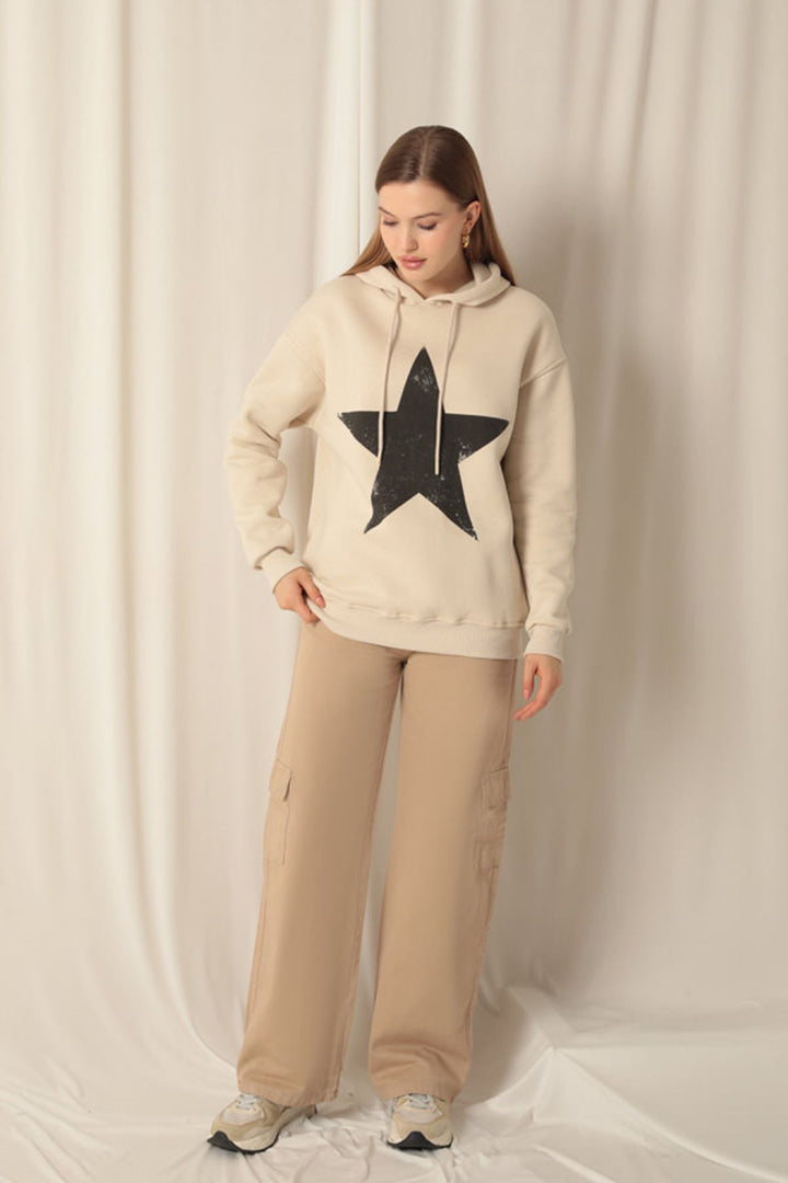 KKT Three Thread Star Printed Hooded Women's Beige Sweat - Peristéri