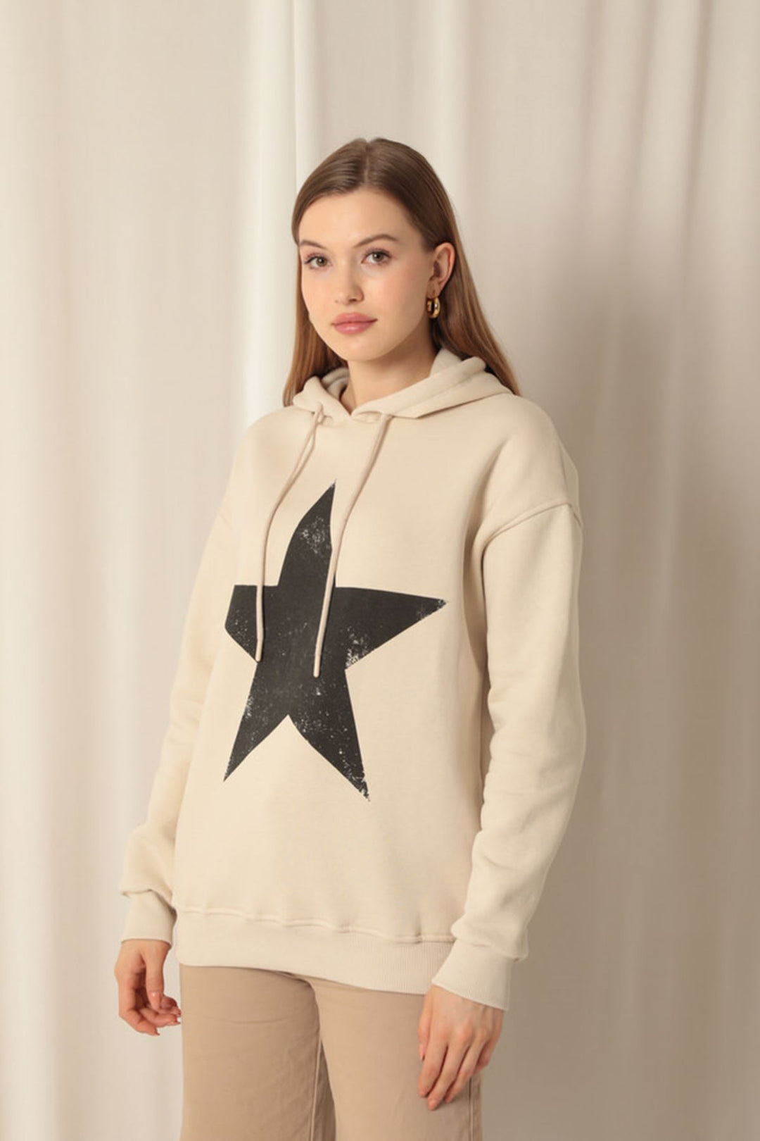 KKT Three Thread Star Printed Hooded Women's Beige Sweat - Peristéri