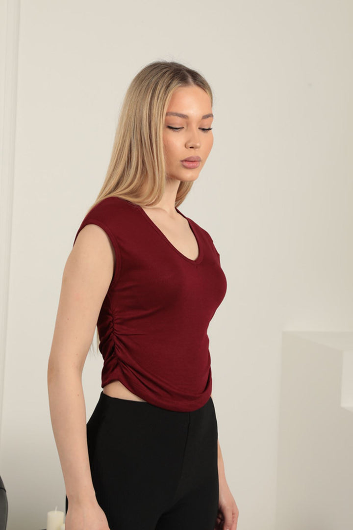 KKT Çilek Viscose Fabric Side Gathered Blouse-Burgundy - Sevran