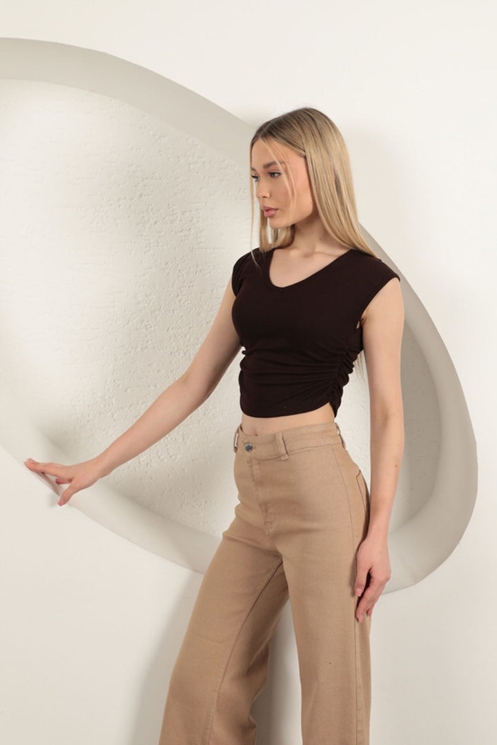 KKT Strawberry Viscose Fabric Side Gathered Blouse-Brown - Maddaloni