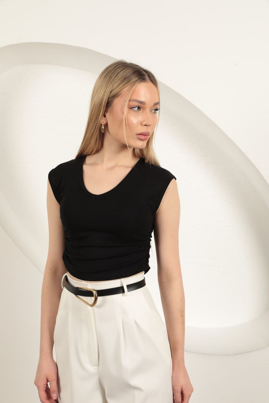 KKT Strawberry Viscose Fabric Side Gathered Blouse-Black - Heidenheim