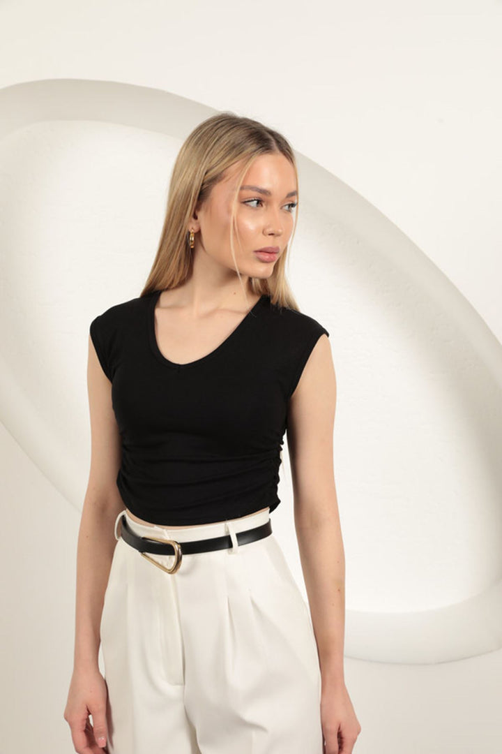 KKT Strawberry Viscose Fabric Side Gathered Blouse-Black - Heidenheim