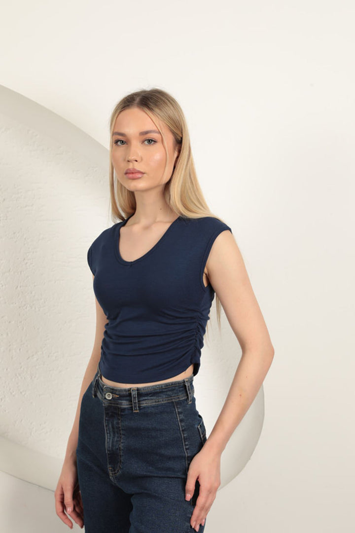 KKT Strawberry Viscose Fabric Side Gathered Blouse-Navy Blue - Arnsberg