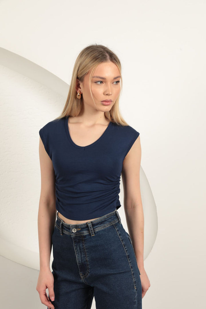 KKT Strawberry Viscose Fabric Side Gathered Blouse-Navy Blue - Arnsberg