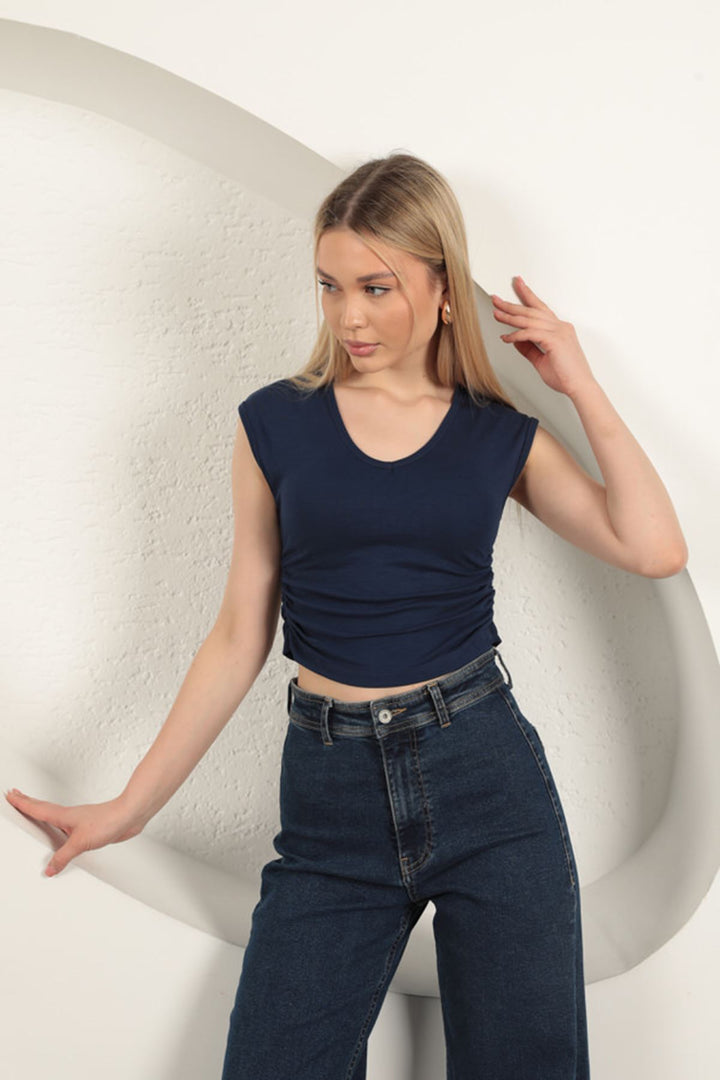 KKT Strawberry Viscose Fabric Side Gathered Blouse-Navy Blue - Arnsberg