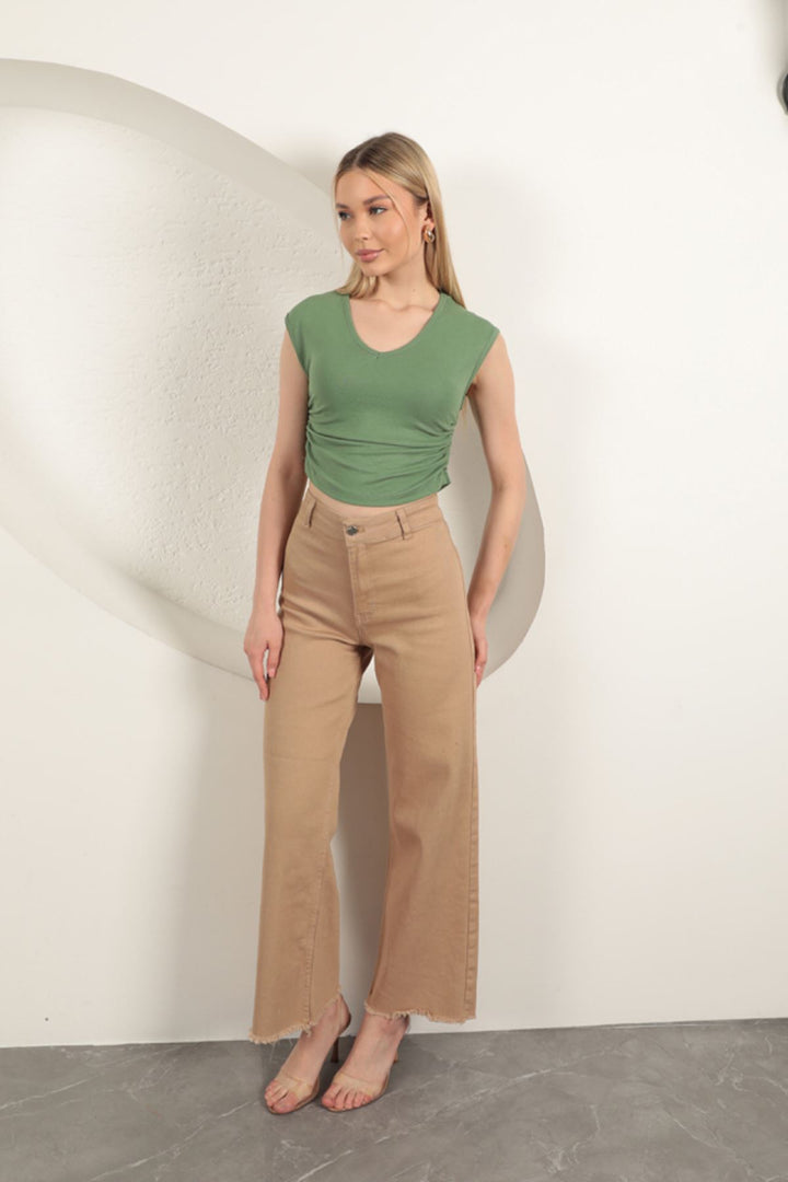 KKT Çilek Viscose Fabric Side Gathered Blouse-Khaki - Paramount