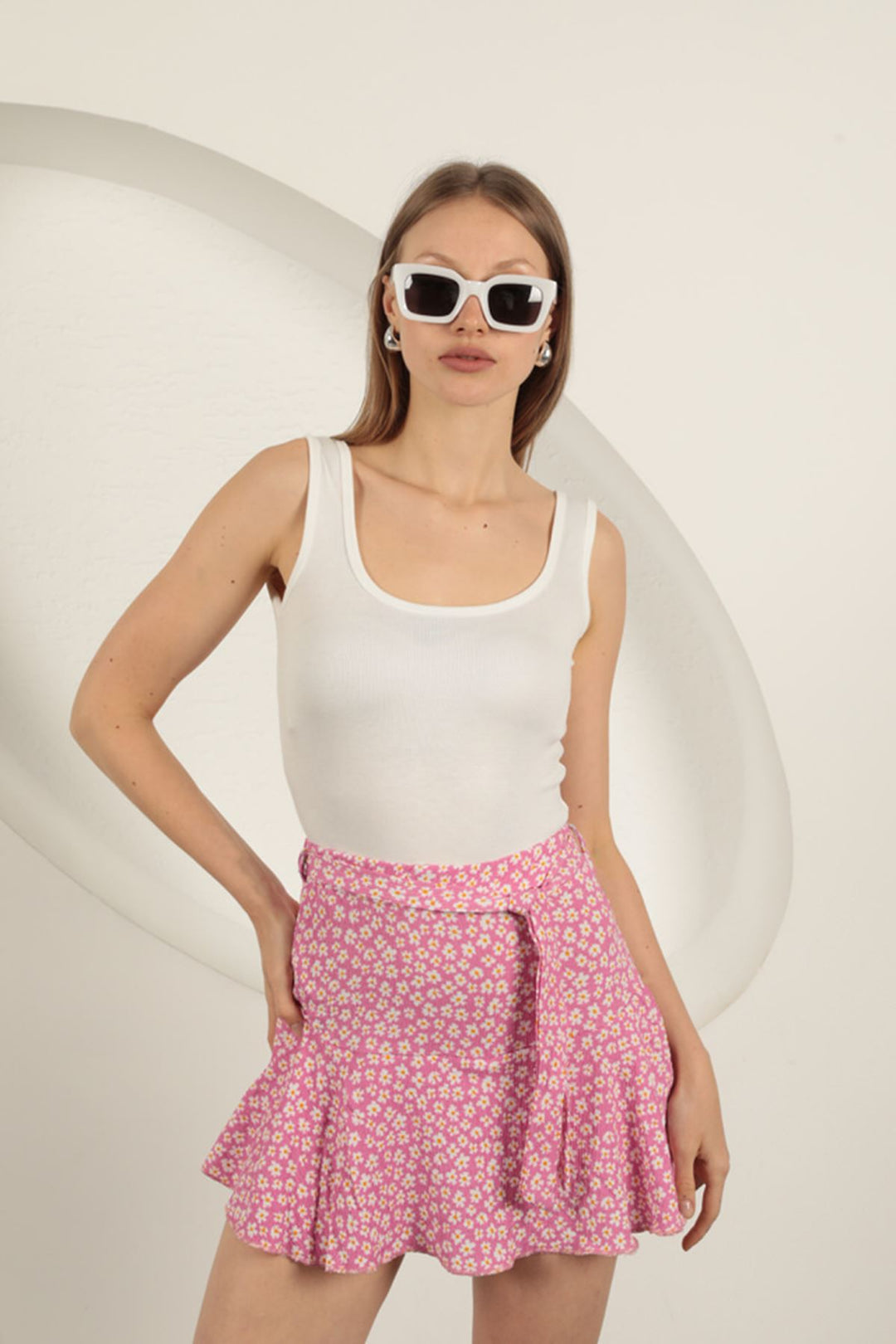 KKT Crepe Daisy Pattern Short Skirt-Pink - Dothan