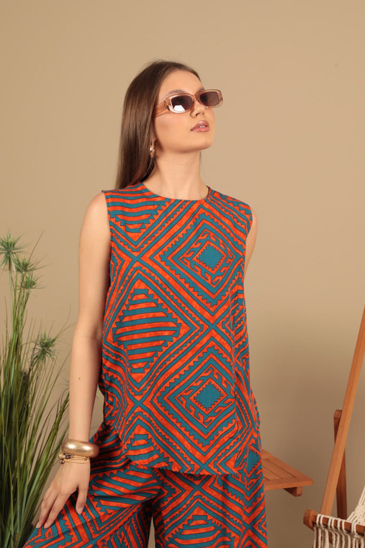 KKT Viscose Fabric Patterned Women's Suit-Orange - Rioverde