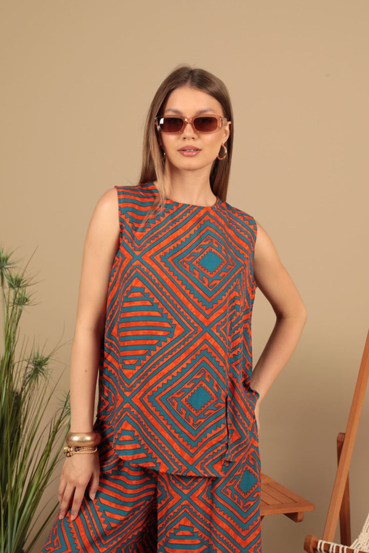 KKT Viscose Fabric Patterned Women's Suit-Orange - Rioverde