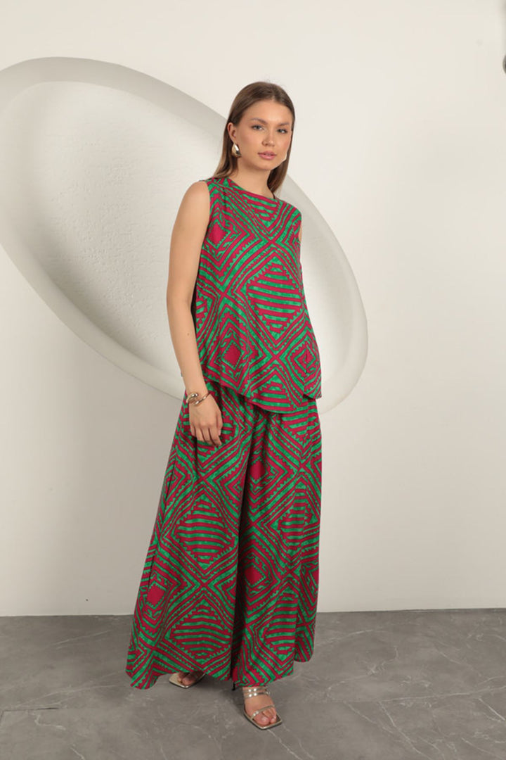 KKT Viscose Fabric Patterned Women's Suit-Green - Geel