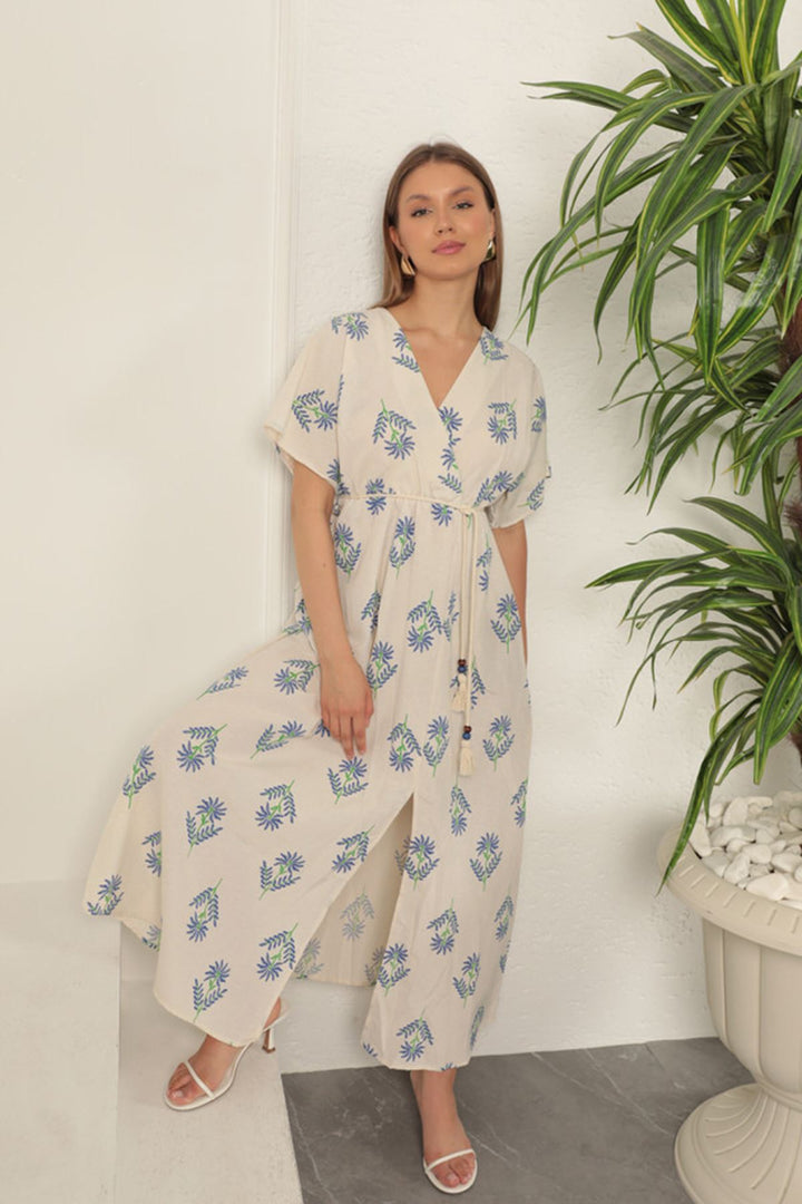 KKT Linen Fabric Floral Patterned Dress-Sax - Dormagen