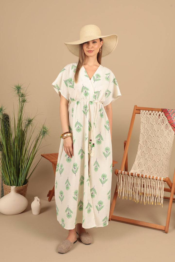 KKT Linen Fabric Floral Patterned Dress-Green - Chatham