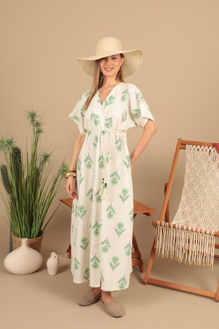 KKT Linen Fabric Floral Patterned Dress-Green - Chatham