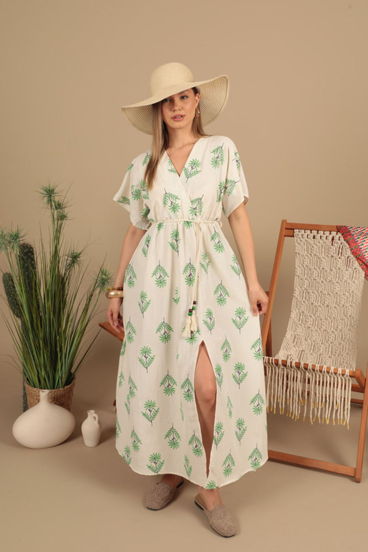 KKT Linen Fabric Floral Patterned Dress-Green - Chatham