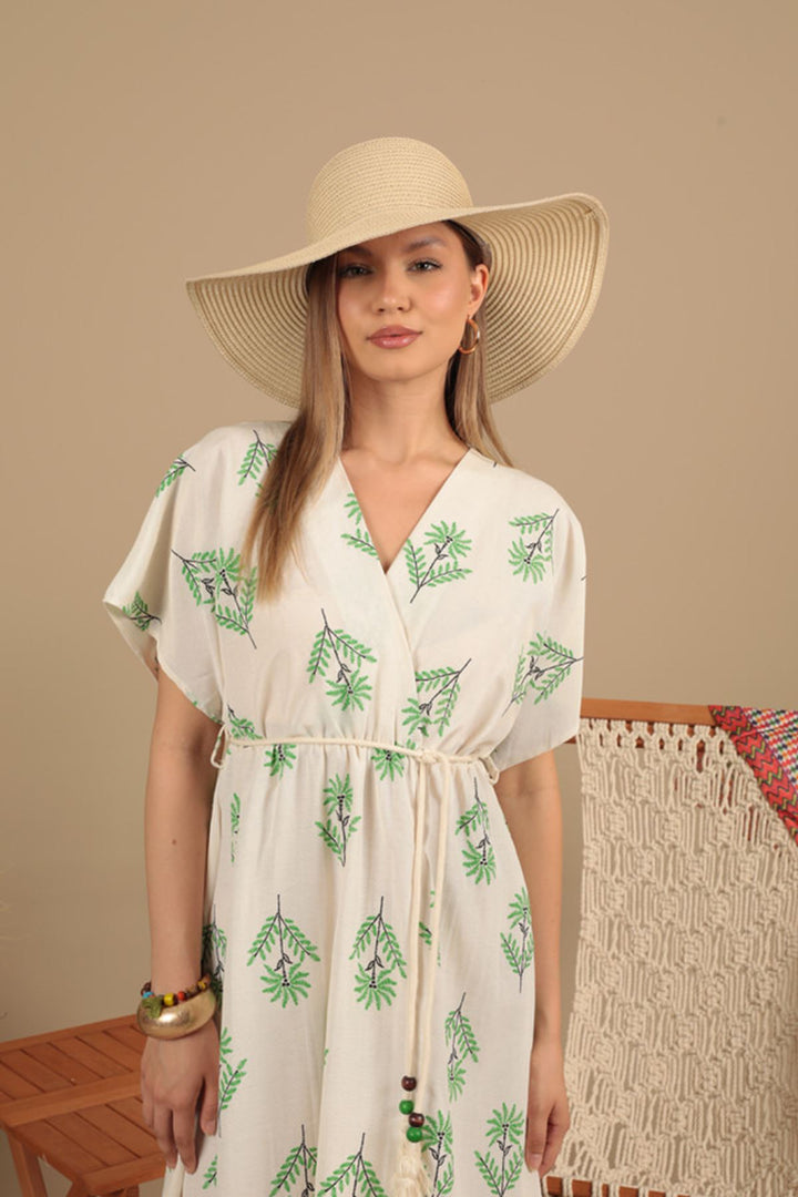 KKT Linen Fabric Floral Patterned Dress-Green - Chatham