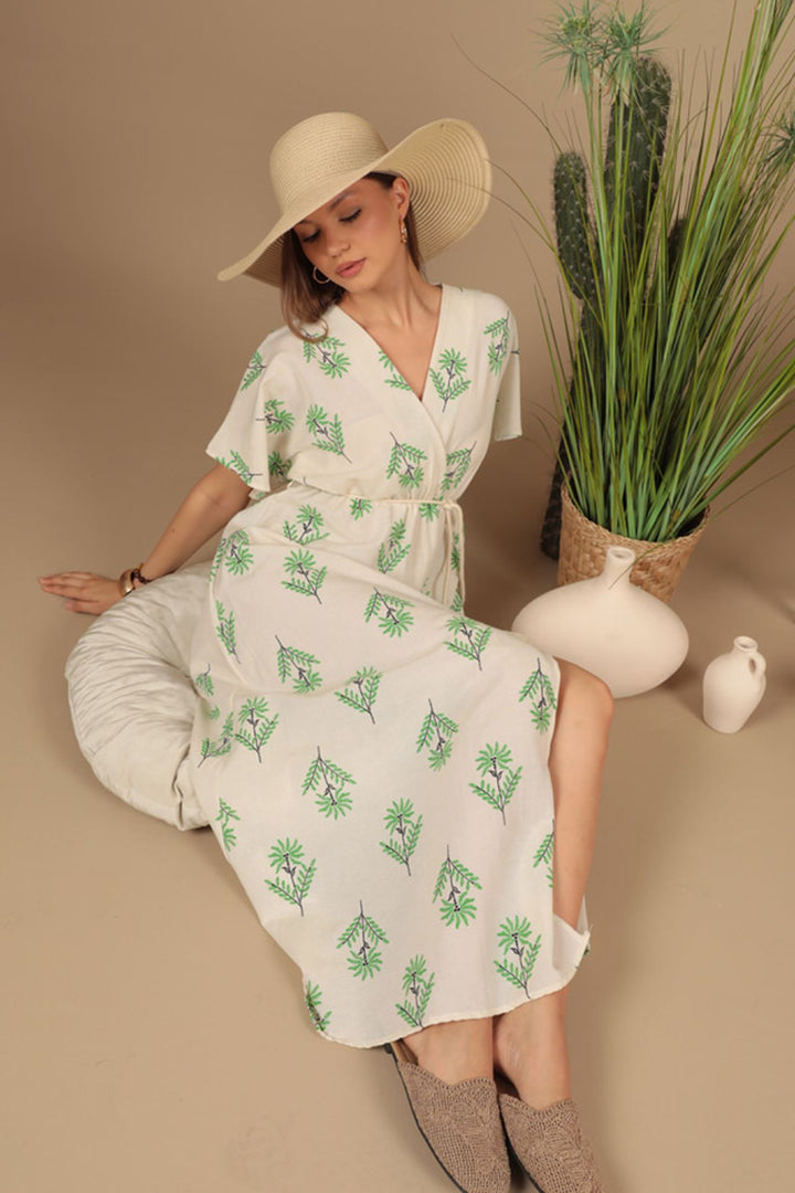 KKT Linen Fabric Floral Patterned Dress-Green - Chatham