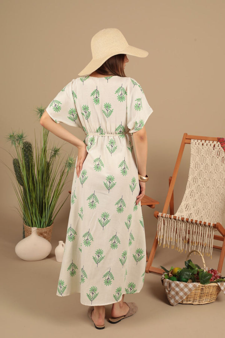 KKT Linen Fabric Floral Patterned Dress-Green - Chatham