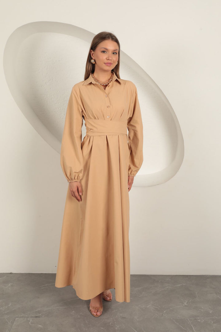 KKT Poplin Fabric Tie Detail Dress-Tan - Pompano Beach