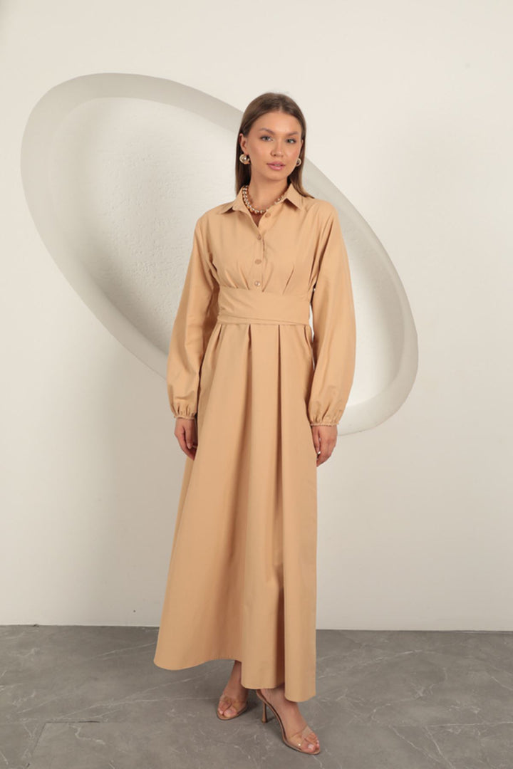 KKT Poplin Fabric Tie Detail Dress-Tan - Pompano Beach