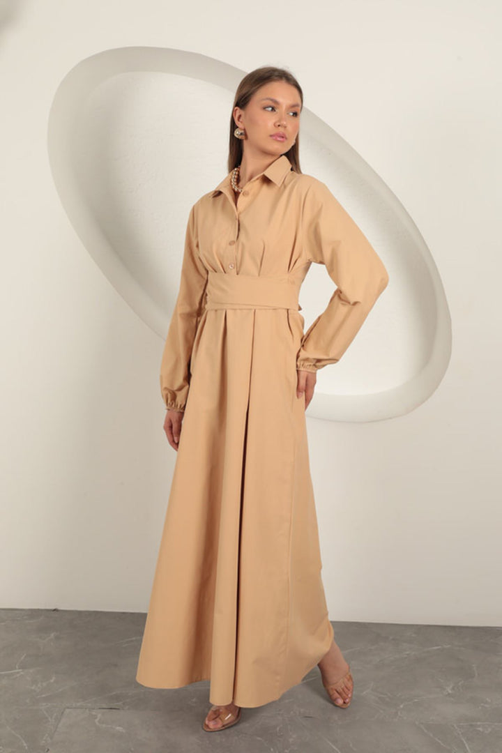 KKT Poplin Fabric Tie Detail Dress-Tan - Pompano Beach