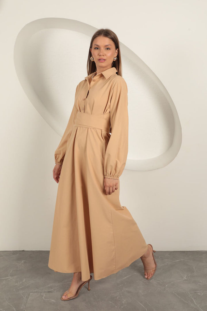 KKT Poplin Fabric Tie Detail Dress-Tan - Pompano Beach