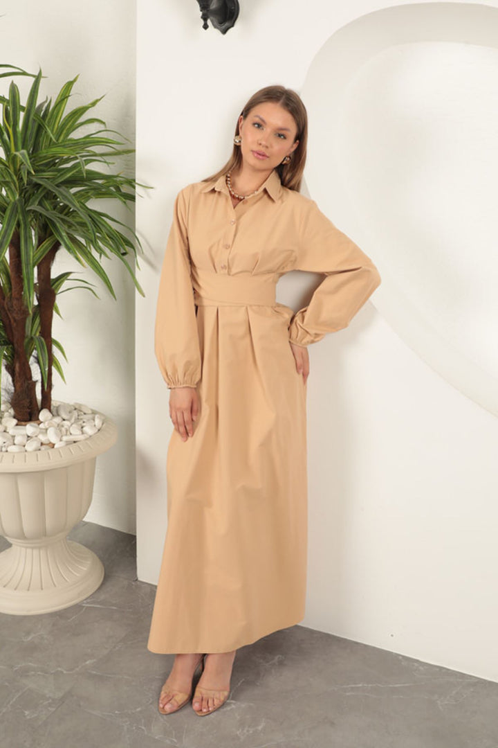 KKT Poplin Fabric Tie Detail Dress-Tan - Pompano Beach