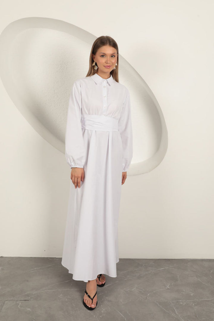 KKT Poplin Fabric Tie Detail Dress-White - Clichy