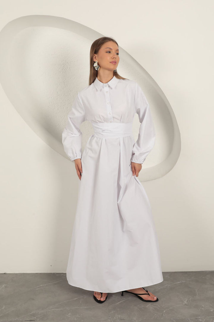 KKT Poplin Fabric Tie Detail Dress-White - Clichy