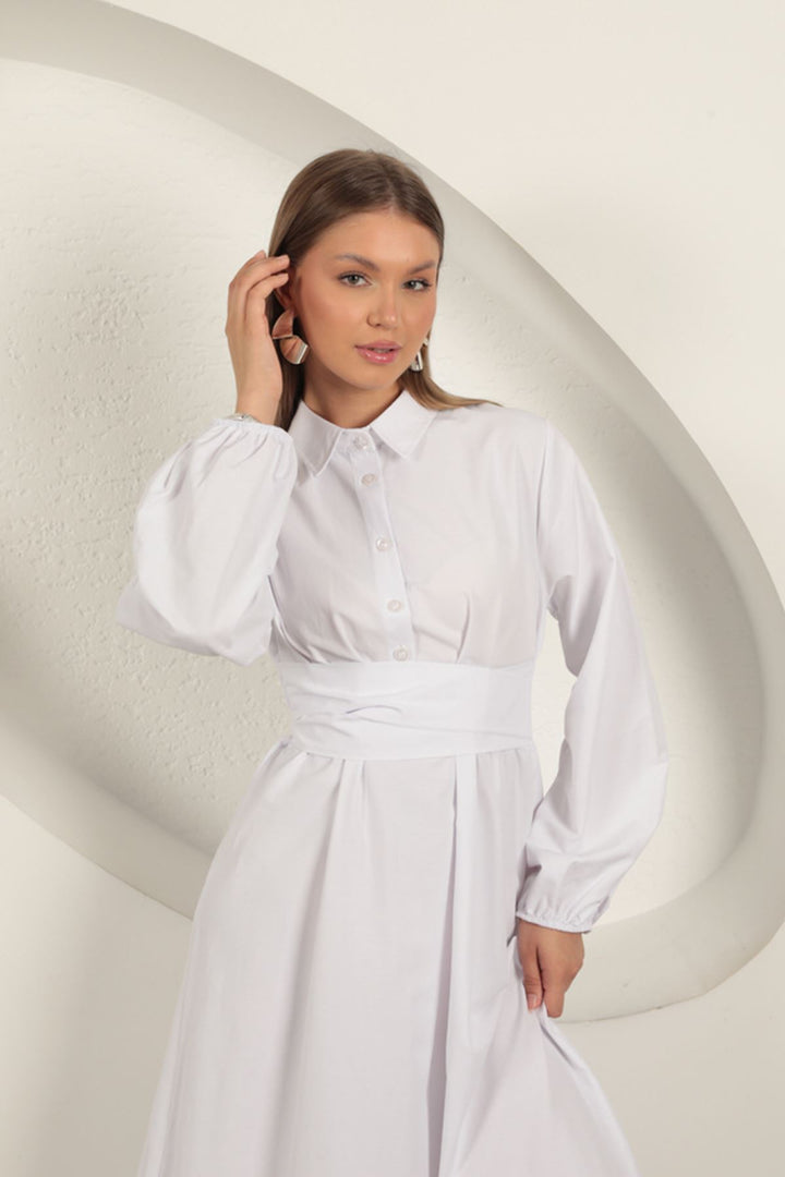 KKT Poplin Fabric Tie Detail Dress-White - Clichy