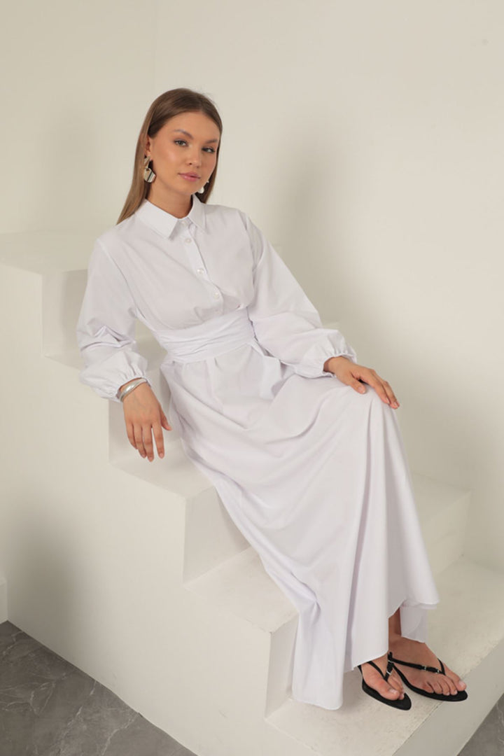 KKT Poplin Fabric Tie Detail Dress-White - Clichy