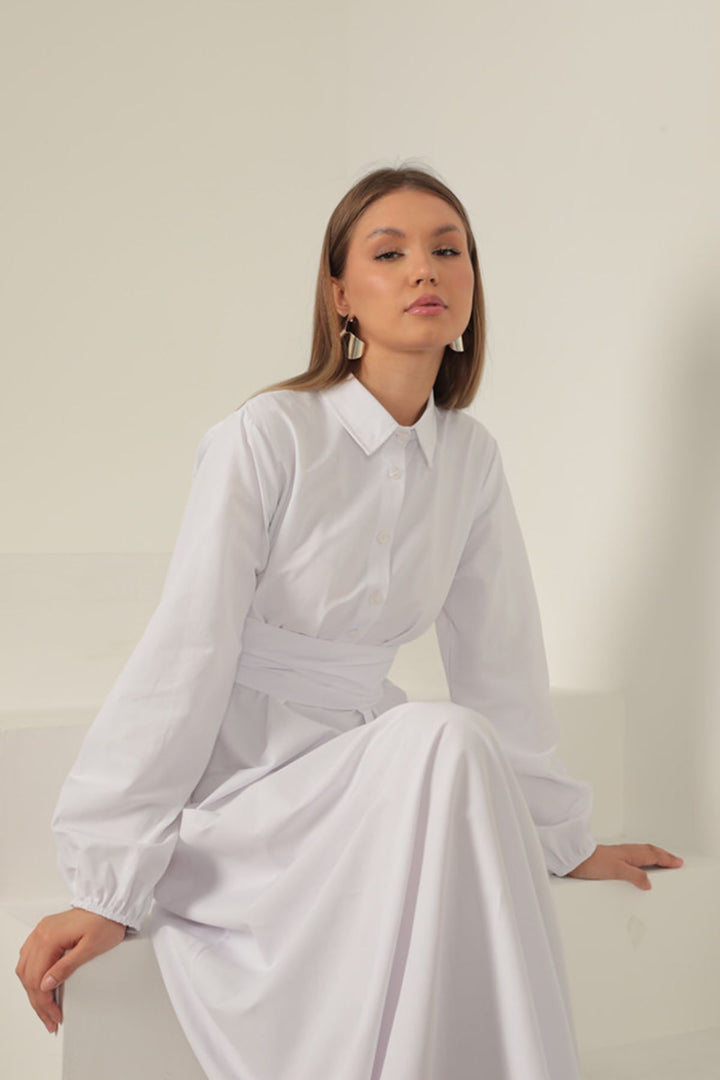 KKT Poplin Fabric Tie Detail Dress-White - Clichy