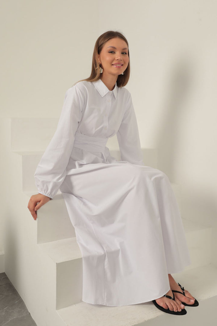 KKT Poplin Fabric Tie Detail Dress-White - Clichy