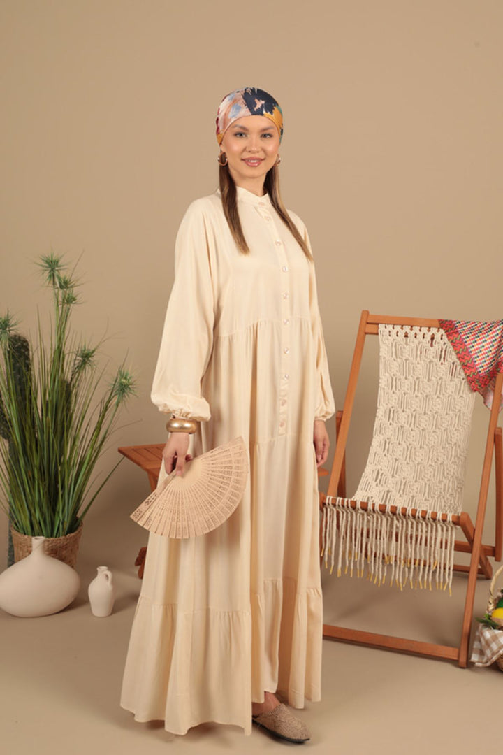 KKT Viscose Fabric Buttoned Dress-Beige - Lucerne