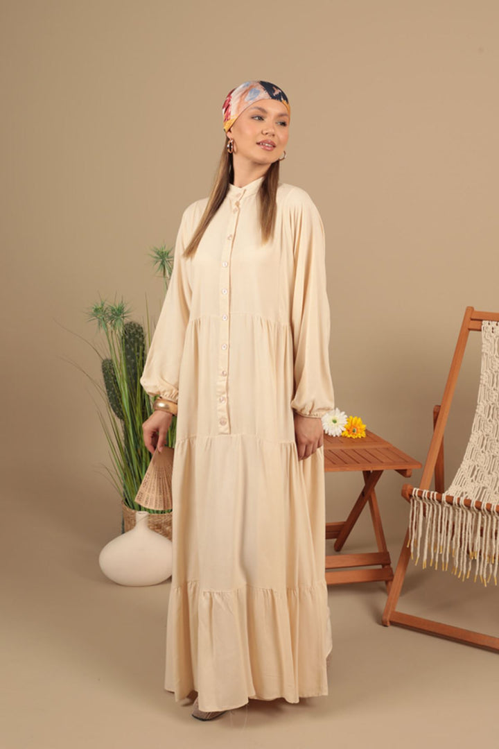 KKT Viscose Fabric Buttoned Dress-Beige - Lucerne