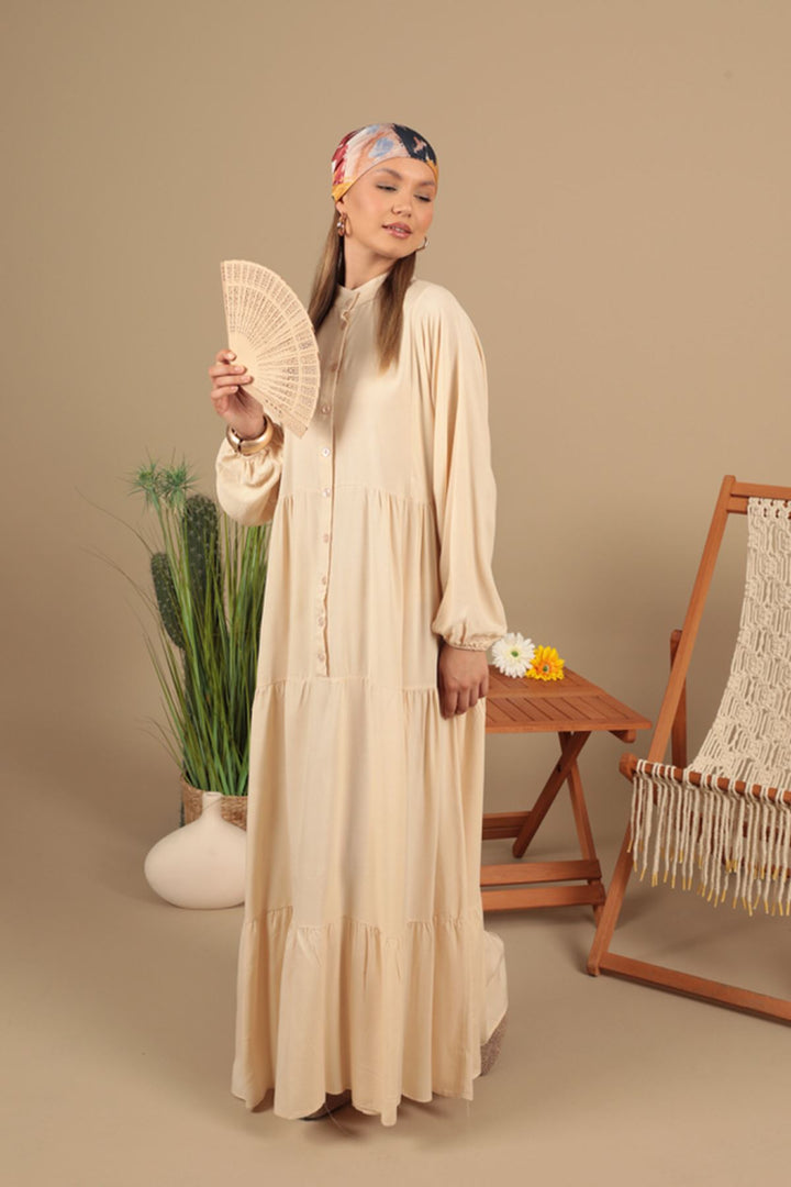 KKT Viscose Fabric Buttoned Dress-Beige - Lucerne