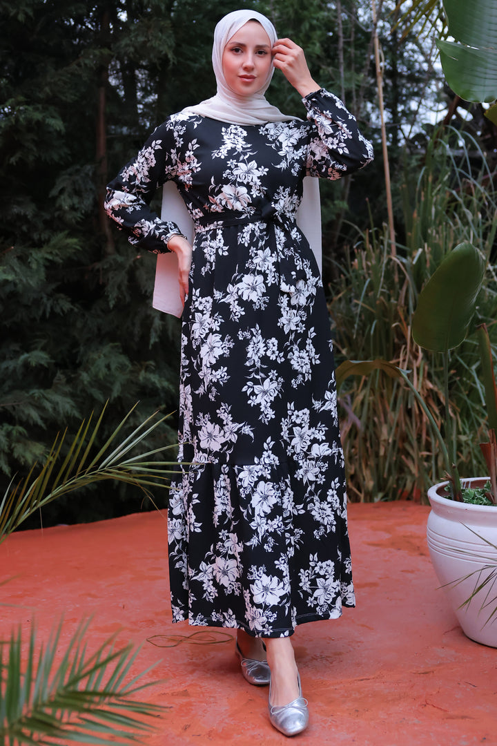 BNG Women Black Dress with Elastic Waist and Flower Pattern - Clermont