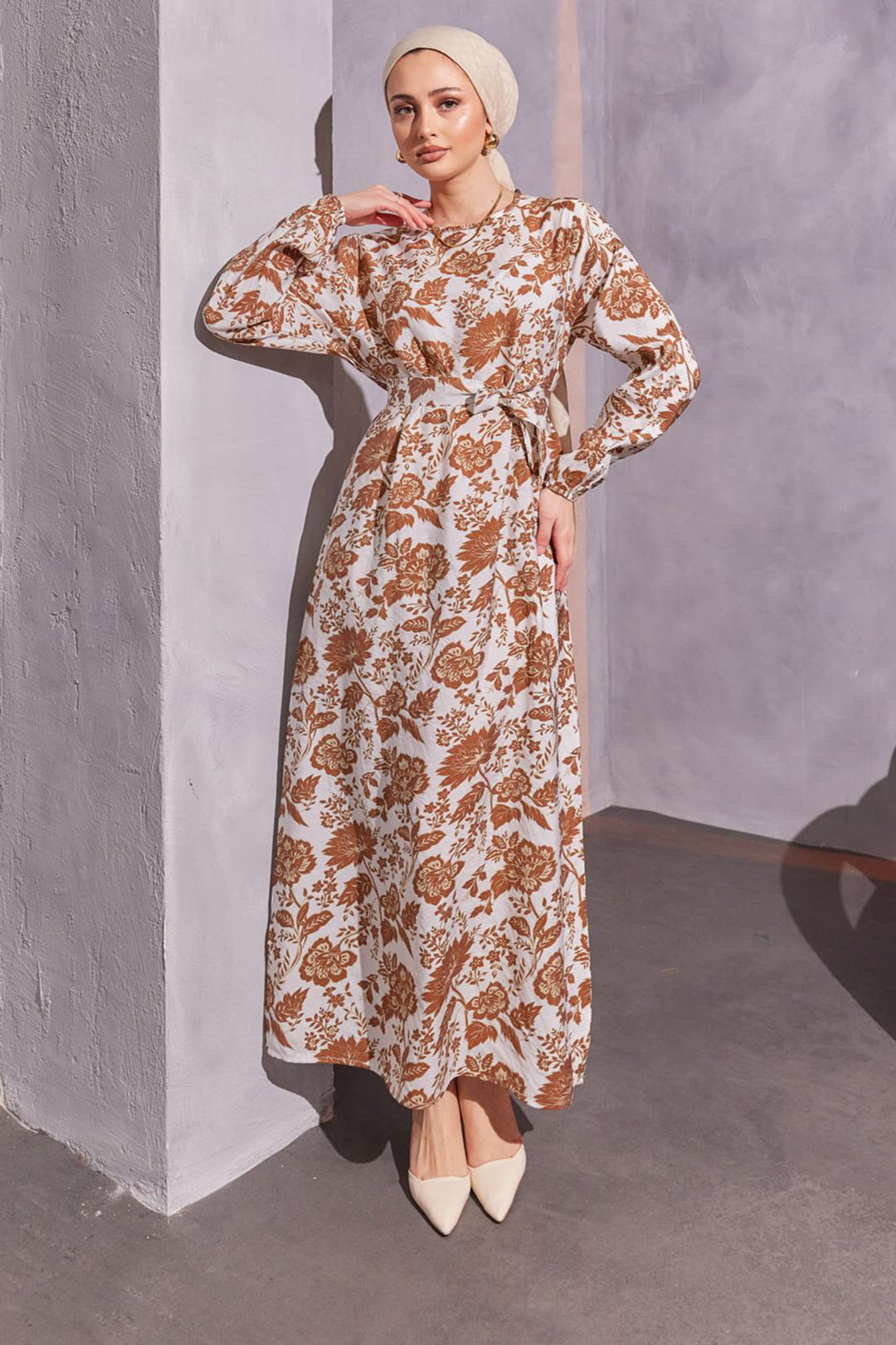 BNG Women Floral Patterned Hijab Dress Brown - Clermont