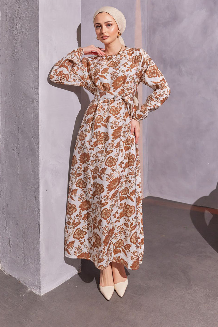 BNG Women Floral Patterned Hijab Dress Brown - Clermont