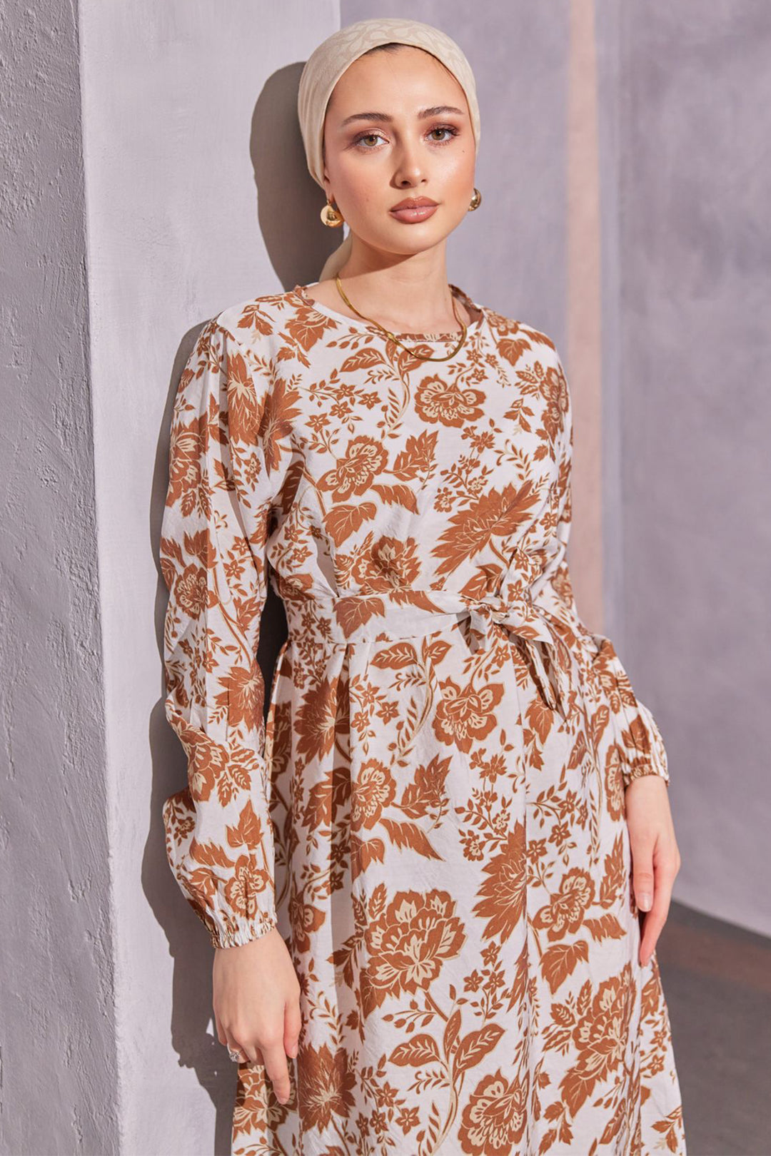 BNG Women Floral Patterned Hijab Dress Brown - Clermont