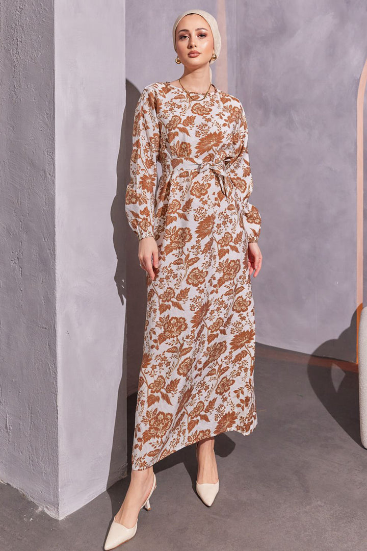 BNG Women Floral Patterned Hijab Dress Brown - Clermont